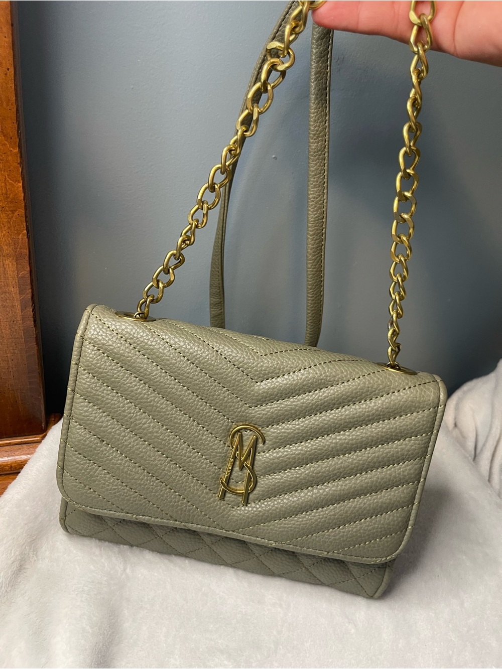 Steve Madden Olive Green Quilted Shoulder Bag with Gold Chain
